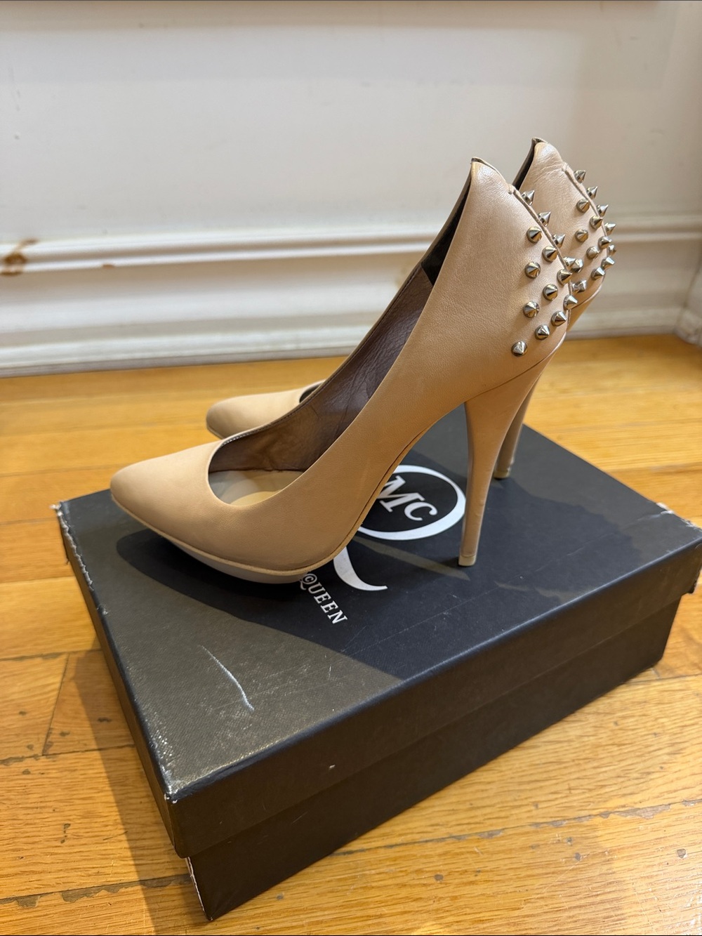 McQ by Alexander McQueen Nude Pointed-Toe Pumps with Silver Spike Studs